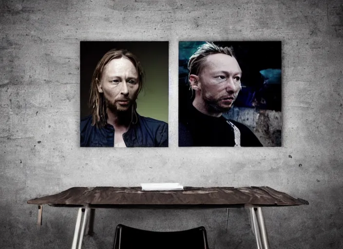 Image similar to photograph of print of thom yorke picture on a table, hyper realistic, variations of thom yorke, forest, high quality photograph, mixed styles, intricate details, diverse colors, deep emotional impact, photograph of print