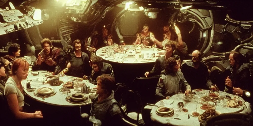 Image similar to a dinner scene with Ripley and 6 other people in a round table within the Nostromo by Ridley Scott, Alien movie, grainy, bluish and cream tones