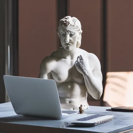 Image similar to a marble statue sitting at a desk with a frustration expression and a laptop, desk lamp and coffee cup on the desk, with a window letting in some sun light