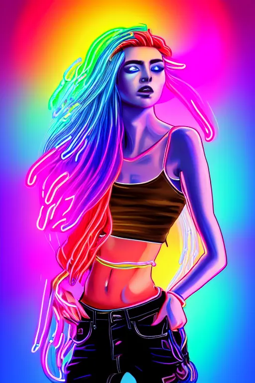 Image similar to a award winning half body portrait of a beautiful woman with stunning eyes in a croptop and cargo pants with rainbow colored ombre hairstyle head in motion and hair flying by thomas danthony, outlined by whirling illuminated neon lines, outrun, vaporware, shaded flat illustration, digital art, trending on artstation, highly detailed, fine detail, intricate