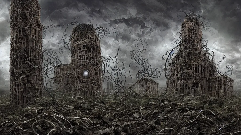 Image similar to bio-organic detailed tower building with tendrils and a giant Eyeball!!! at the top, looking over a stormy post-apocalyptic wasteland, dystopian art, wide lens