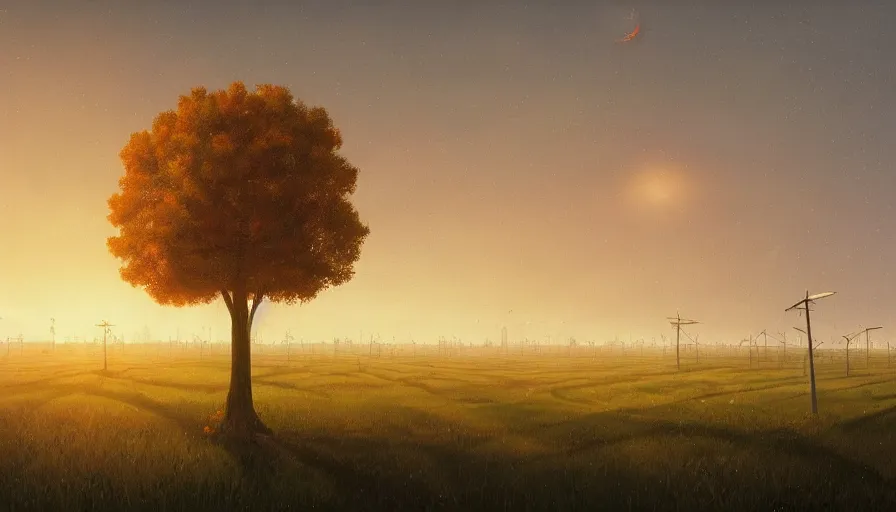 Prompt: big field of solar panels, early morning sun in the sky, one tree, simon stalenhag