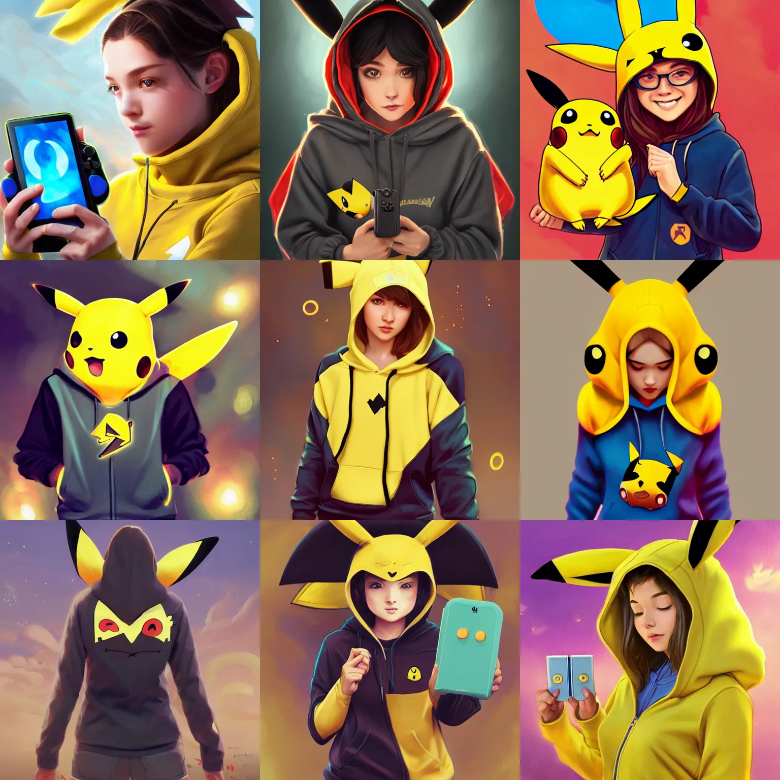 Prompt: Friendly girl wearing a Pikachu hoodie,holding a Nintendo Switch, Mark Edward Fischbach, intricate, highly detailed, digital painting, artstation, concept art, smooth, sharp focus, illustration, Unreal Engine 5, 8K, art by artgerm and greg rutkowski and alphonse mucha