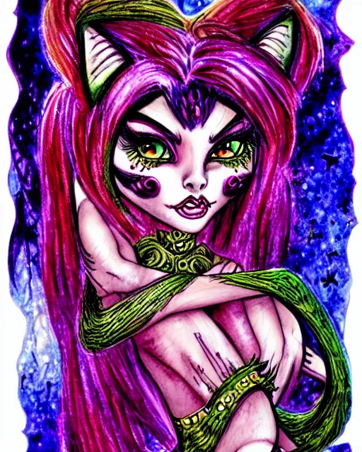 Prompt: josephine wall watercolor drawing of a monster high universe clawdeen warewolf woman fierce neon sexy fullmoon