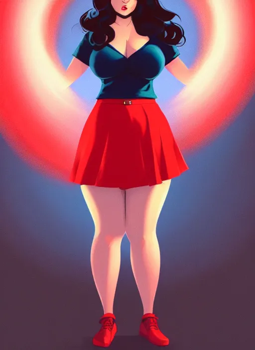 Image similar to full body portrait of teenage veronica lodge, obese, bangs, sultry, realistic, sultry smirk, wavy hair, red skirt, fat, belly, intricate, elegant, glowing lights, highly detailed, digital painting, artstation, concept art, smooth, sharp focus, illustration, art by wlop, mars ravelo and greg rutkowski