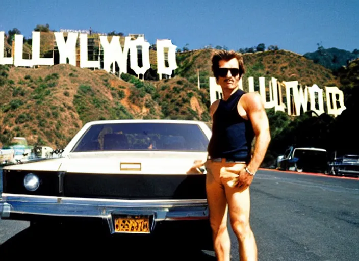 Prompt: a cool handsome photomodel lening against a limousine on hollywood boulevard in the 8 0's. hollywood sign in the background