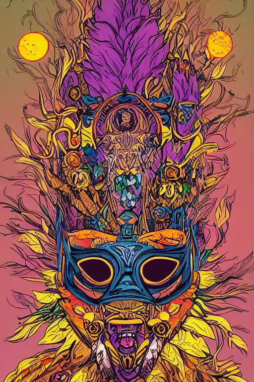 Image similar to animal mask totem roots flower tribal feather gemstone plant wood rock shaman vodoo video game vector cutout illustration vivid multicolor borderlands comics by josan gonzales and dan mumford radiating a glowing aura