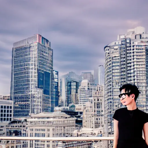 Prompt: woman with short white hair, black rimmed glasses, digital photography, portrait, sharp focus, high detail, vivid colours, cinematic lighting, megapixel, hdr, beautiful city skyline, album cover, rooftop