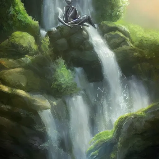 Image similar to beautiful photoshop commission of a slender dragon relaxing by a waterfall, digital painting, artstation, art by Jaime Jones