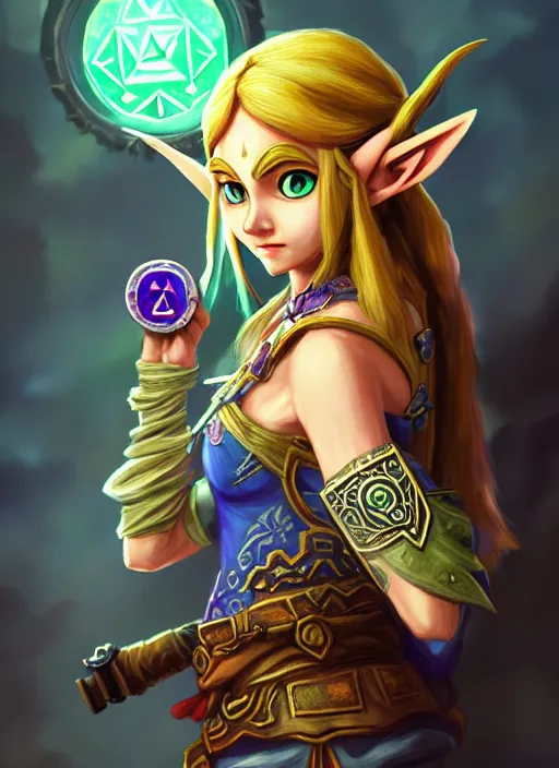 Image similar to zelda with triforce, majora's mask, fantasy, intricate, elegant, highly detailed, digital painting, artstation, concept art, wallpaper, smooth, sharp focus, illustration, art by wlop