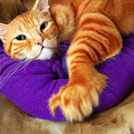 Image similar to purple dragon snuggling orange tabby cat, orange tabby hugging tiny dragon