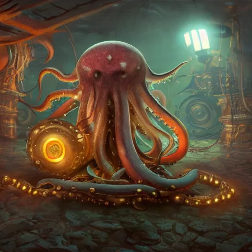 Prompt: fantasy steampunk giant Squid with tentacles frantically playing a big rock&roll drum set in the spotlight undersea dystopian photorealistic, by Philipp A. Urlich and Pengzhen Zhang and Andreas Rocha, fantasy, intricate, elegant, highly detailed, digital painting, artstation, blender, unreal engine 5, octane render, smooth, sharp focus, illustration