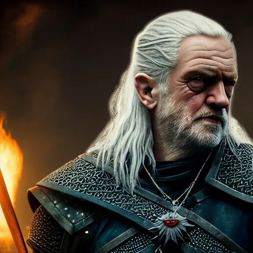 Prompt: Jeremy Corbyn as The Witcher, 4K, epic, cinematic, focus, movie still, fantasy, serious, extreme detail, atmospheric, dark colour
