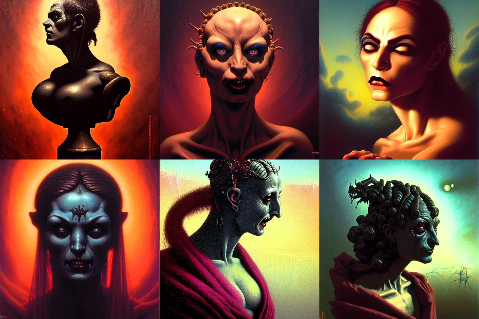 Prompt: cinematic bust portrait of gothic degenerate trader demoness, head and bust only, by Tim Hildebrandt, by Raphael, by Wayne Barlowe, by Bruce Pennington, by Zdzisław Beksiński, by Paul Lehr, oil on canvas, masterpiece, trending on artstation, featured on pixiv, cinematic composition, astrophotography, dramatic pose, beautiful lighting, sharp, details, details, details, hyper-detailed, no frames, HD, HDR, 4K, 8K