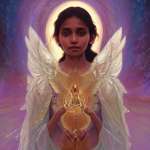 Image similar to Sri lankan girl as a winged angel covered in eyes with glowing halo, iridescent, seraphim, fantasy, intricate, elegant, highly detailed, digital painting, artstation, concept art, smooth, sharp focus, illustration, art by Krenz Cushart and Artem Demura and alphonse mucha