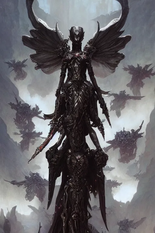 Image similar to Beautiful pale warhammer 40000 goth girl with mechanical wings, dark fantasy, digital illustration, intricate, highly detailed, smooth, artstation, painted by Wayne Barlowe and Greg Rutkowski and zdislav beksinski and Ruan Jia and Mandy Jurgens and Artgerm and william-adolphe bouguereau