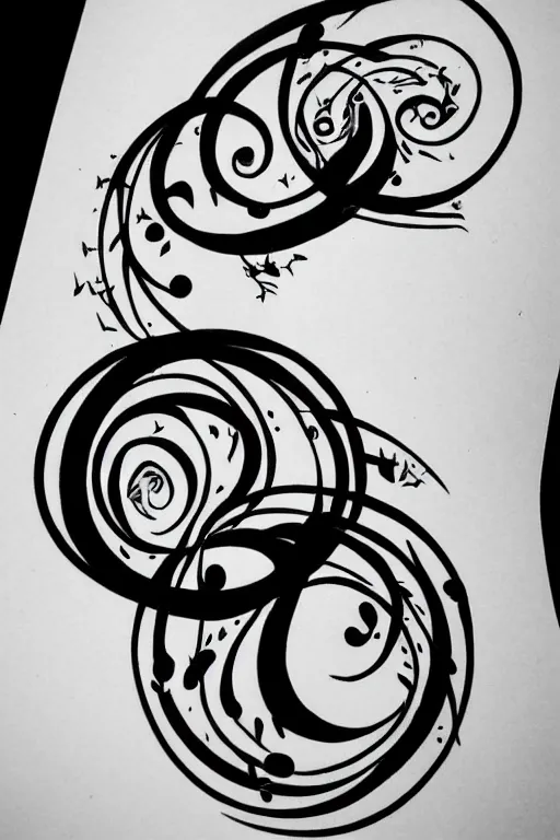 Image similar to a simple tattoo design of birds flying in a 8 spiral, black ink, logo