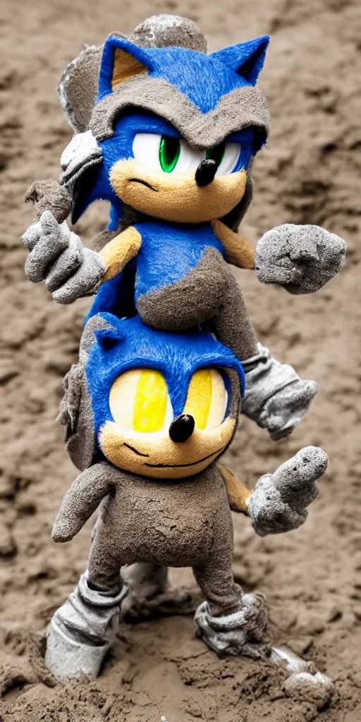 Image similar to a crushed plush of Sonic in dirt and mud below a dramatic sky with intricated spells and stormcloud glimpses of flares and beams airbrush tones