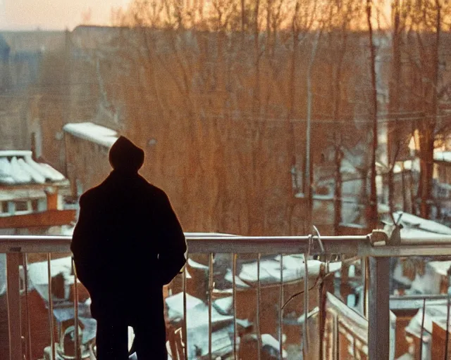 Image similar to award - winning lomographic tarkovsky film still of 4 0 years russian man with beard and sweater standing on small hrushevka 9 th floor balcony in taiga looking at sunset, kodak ektar, bokeh