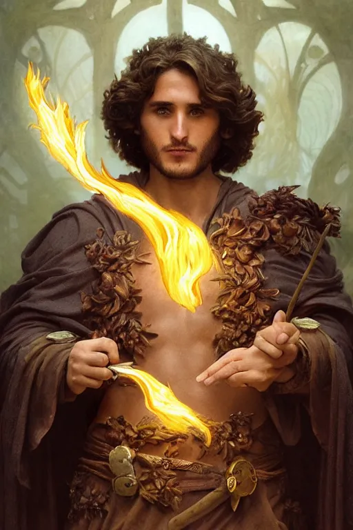 Image similar to Diego Boneta, druid, cleric, flame spell, burning hands, bicpes, muscular, D&D, fantasy, intricate, cinematic lighting, highly detailed, beautiful, digital painting, artstation, masterpiece, concept art, smooth, sharp focus, illustration, art by Artgerm and Greg Rutkowski and Alphonse Mucha and william-Adolphe Bouguereau