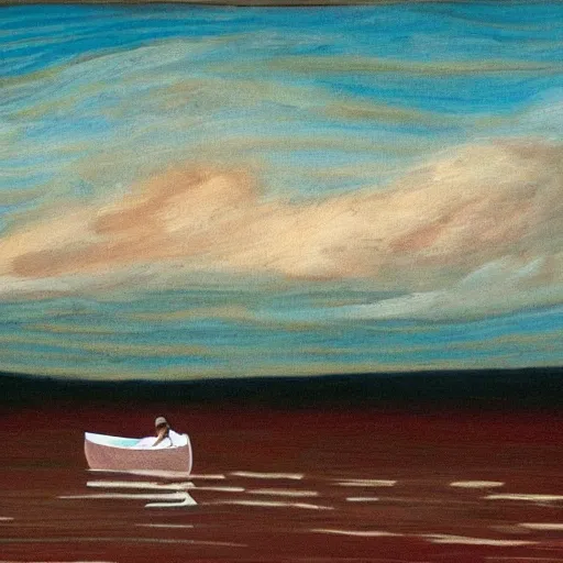 Prompt: painting of a lone canoe floating in a blood river