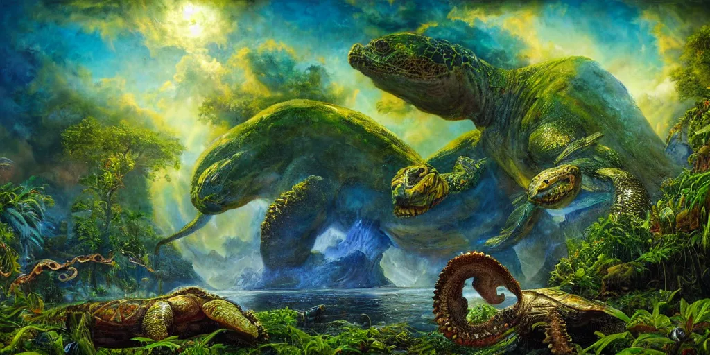 Image similar to fantasy oil painting, great leviathan, turtle cephalopod terrapin reptilian pachyderm amphibian hybrid, rainforest mountains, lush plants flowers, epic natural light, bright clouds, luminous sky, spacecraft, outer worlds, bright cinematic key lighting, michael cheval, michael whelan, vray, 8 k hd