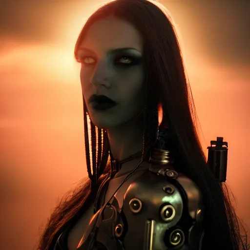 Image similar to photographic portrait of a stunningly beautiful gothic cyberpunk steampunk android female in soft dreamy light at sunset, god rays, contemporary fashion shoot, by edward robert hughes, annie leibovitz and steve mccurry, david lazar, jimmy nelsson, breathtaking, 8 k resolution, extremely detailed, beautiful, establishing shot, artistic, hyperrealistic, beautiful face, octane render