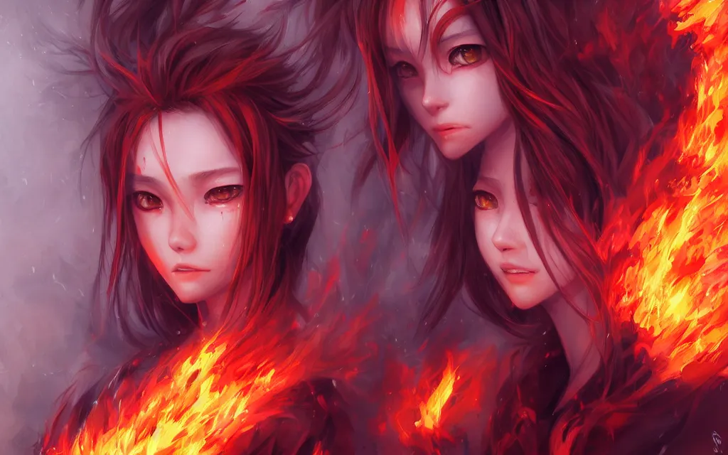 Image similar to A realistic anime portrait of a beautiful fire spirit twins with glowing red eyes and firey skin wearing clothes made of flames, digital painting, by Stanley Artgerm Lau, Sakimichan, WLOP and Rossdraws, digtial painting, trending on ArtStation, SFW version