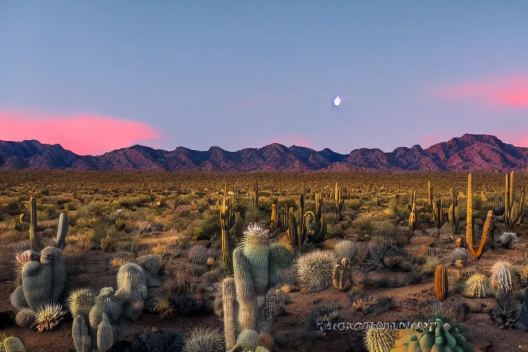 Image similar to beautiful landscape photography of an Arizona desert, dramatic lighting, cactus, lake, nighttime, moon,