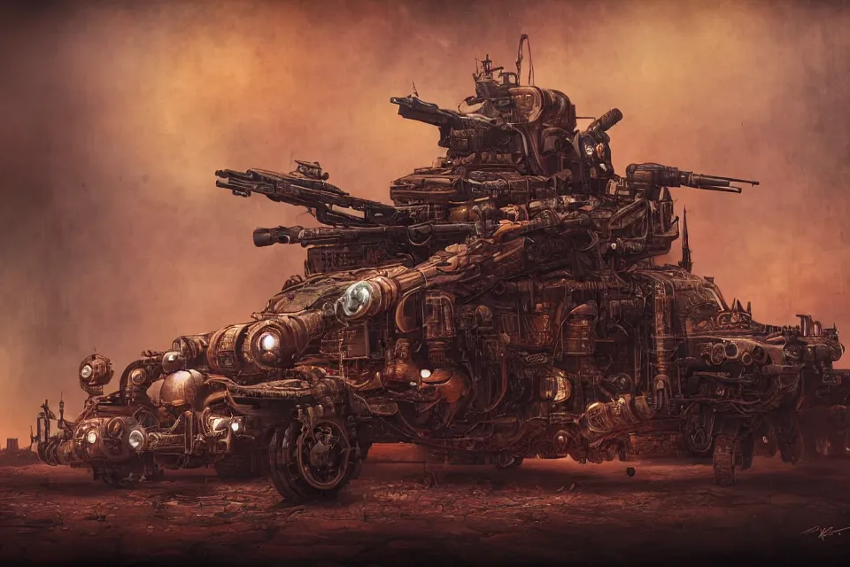 Image similar to steampunk style military vehicle with guns, red neon lights, by HR Giger and Beksiński and Stephan Martiniere , 4k resolution, detailed, trending on artstation