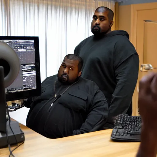 Image similar to obese Kanye West wearing a headset yelling at his monitor while playing WoW highly detailed wide angle lens 10:9 aspect ration award winning photography