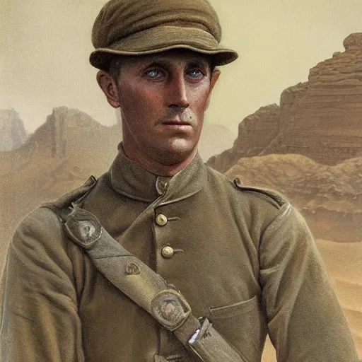 Prompt: a detailed photorealistic sepia - toned color portrait painting of a 1 9 1 7 worried clean - shaven british lieutenant in detailed field gear wearing a finely - detailed pith helmet in wadi rum, ultra realistic, intricate details, lovecraft, atmospheric, dark, horror, brooding, highly detailed, by clyde caldwell