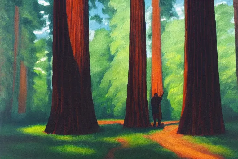 Prompt: a small figure of a man sitting under a large number of giant sequoia tress, tranquil, silent, solemn, oil painting, ethereal, minimalist