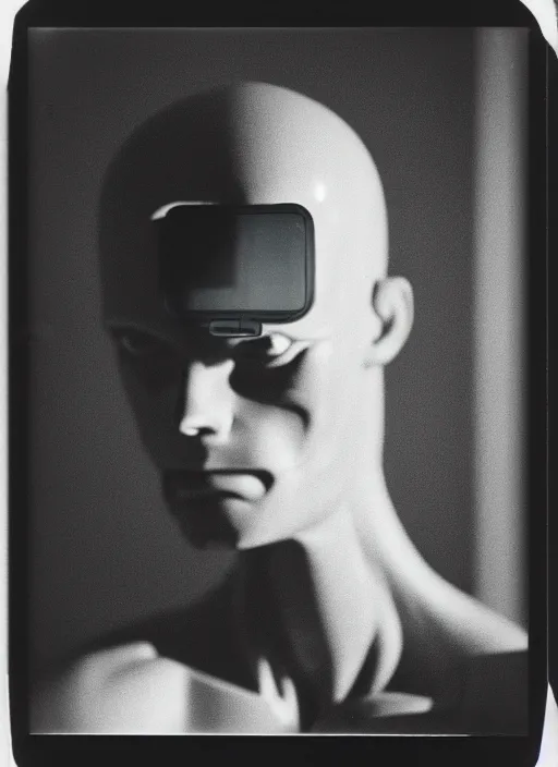 Prompt: polaroid, photo taken in a back storage room where you can see empty shelves, depth of field, head chest and arms portrait of an android with an adult male human looking face, and a glass head with light coming out of its head, light is coming out of the inside of the head, the android is pondering the meaning of its existence, neon lights, fashion photography