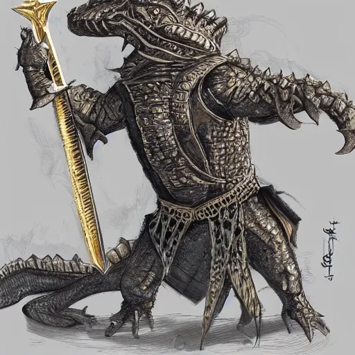 Prompt: Crocodile Warrior holding a giant golden sword wrapped in intricate detail, concept art