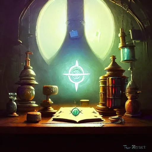 Prompt: mysterous, table, wizards laboratory, greg rutkowski, mortar, pestle, magic powder, compass energy flowing, magic book, beakers of colored liquid, tony sart