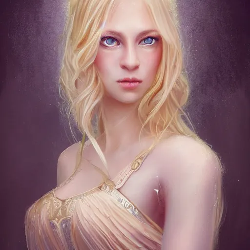 Image similar to centered detailed portrait of a beautiful princess looks like from bridgeton with blond hairs, realistic character concept, identical eyes, gazing eyes, beautiful eyes medium shot, elegant pose, fantasy, illustration, slender symmetrical face and body, artstation, cinematic lighting, hyperdetailed, cgsociety, 8k Resolution, high resolution, Charlie Bowater, Tom Bagshaw, Tom Richmond, single face, insanely detailed and intricate, beautiful, elegant, golden ratio, bloom and flowers in background, vfx, psychadelic.