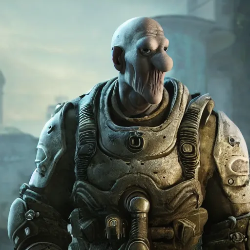 Prompt: squidward squidward in gears of war, splash art, movie still, detailed face, photorealistic facial features, cinematic lighting, dramatic, octane render, long lens, shallow depth of field, bokeh, anamorphic lens flare, 8 k, hyper detailed, 3 5 mm film grain