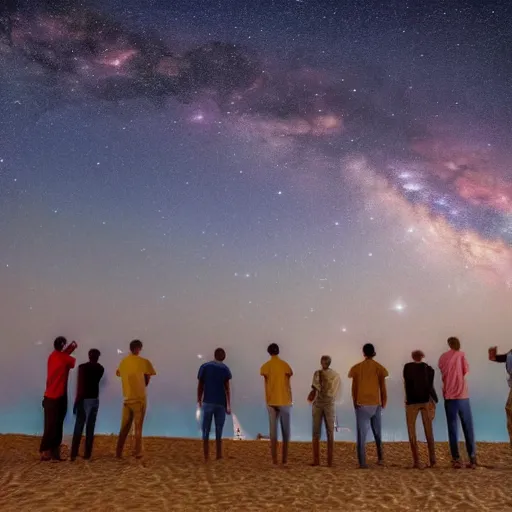 Prompt: a group of five man enjoying in Dubai while looking at stars and milkyway from far picture hd