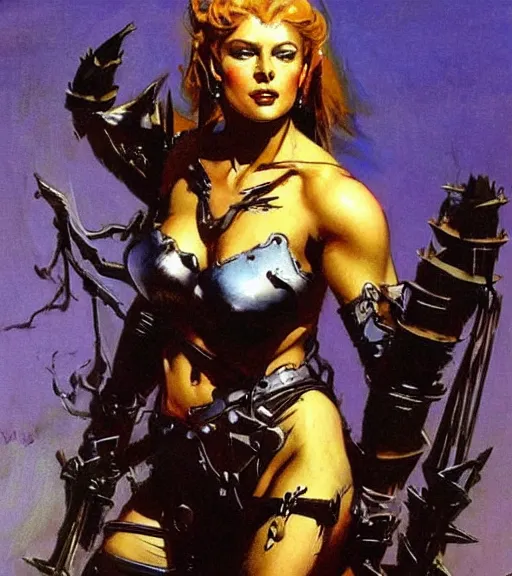 Image similar to portrait of strong female chaos angel, beautiful! coherent! by frank frazetta, by brom, strong line, deep color, spiked metal armor, maximalist