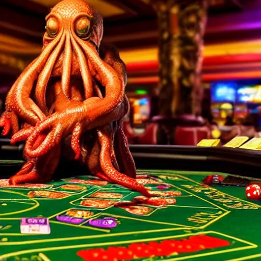 Image similar to photo of cthulhu playing in a casino, realistic, highly - detailed, sharp focus, award - winning