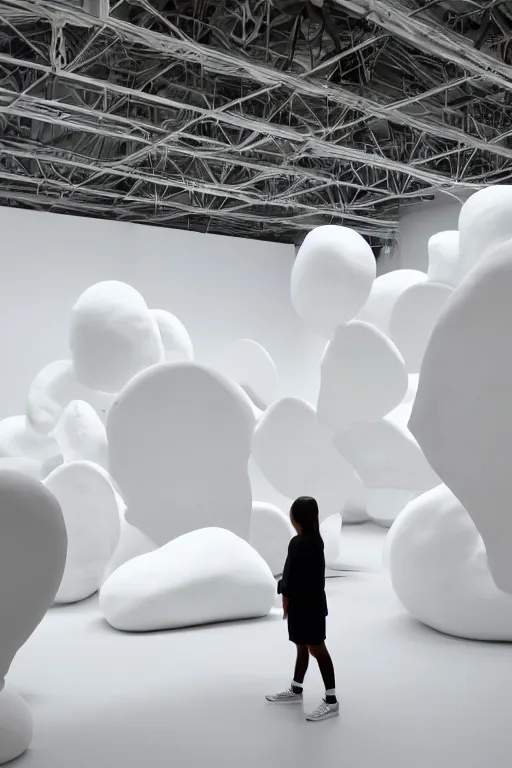 Image similar to floating, large white abstract blob shapes by daniel arsham, smooth, all white features on a white background