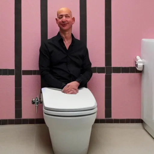 Prompt: Jeff bezos in prison sitting on the toilet, the walls are pink