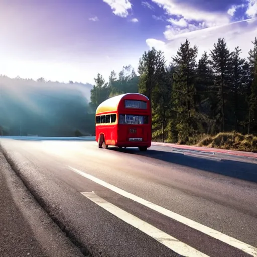 Image similar to bus on misty highway scene, the sun shining through the mountains