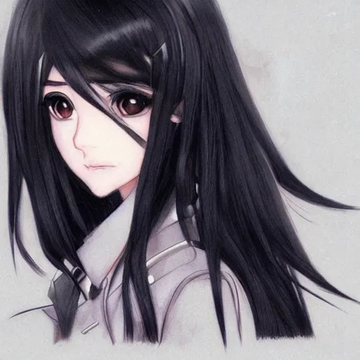 Image similar to portrait of a beautiful girl with long black hair, wearing police riot uniform, drawn by WLOP, by Avetetsuya Studios, attractive character, colored sketch anime manga panel, trending on Artstation