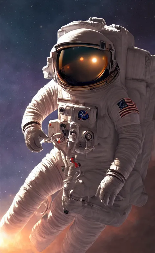 Image similar to astronaut in space by yongsung kim, sharp focus, intricate, elegant, digital painting, artstation, matte, highly detailed, concept art, illustration, volumetric lighting