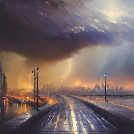 Prompt: oil painting of a futuristic city near to a big lake, dramatic storm clouds, dusty street, sunrays, dramatic, very very very beautiful art, cinematic lighting, romanticism by goya, bright pastel color, blue sky