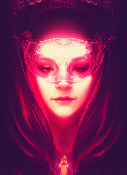 Prompt: centered portrait of a beautiful woman wearing a venetian mask, intricate concept art, ethereal, highly detailed, artstation, smooth, cyberpunk darksynth, cinematic, mist, dramatic neon lighting, illuminated glowing lines, outrun, vaporware, by ruan jia and ilya kuvshinov and liam wong and alphonse mucha