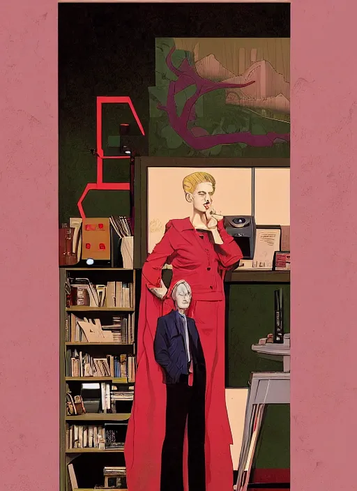 Image similar to Twin Peaks poster artwork by Michael Whelan, Bob Larkin and Tomer Hanuka, Karol Bak of portrait of radio host Tilda Swinton hanging out in her studio radio sound booth, from scene from Twin Peaks, simple illustration, domestic, nostalgic, from scene from Twin Peaks, clean, cover of New Yorker magazine