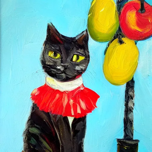 Prompt: palette knife oil painting of a cat wearing a gloves and a tutu, sitting on a mountain of fruit